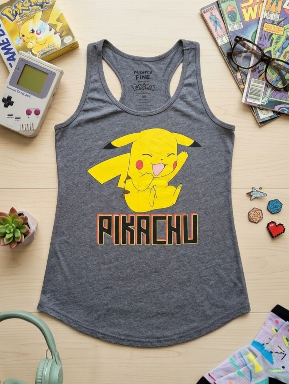 2012 Pokemon Pikachu Mighty Fine Graphic Gym Tank Top Grey Curved Hem Medium